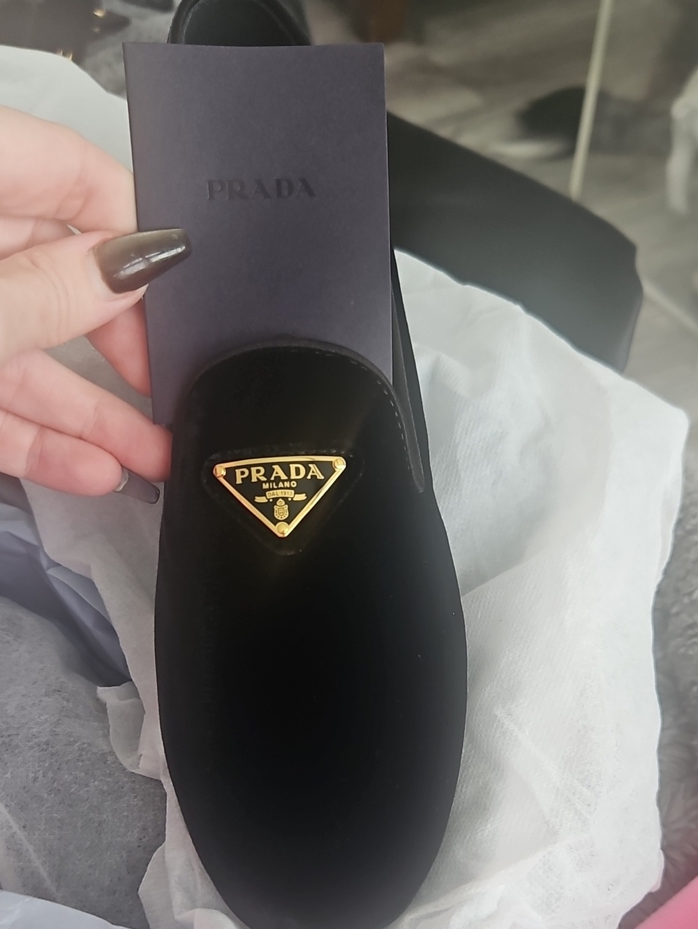 Prada Black Velvet Logo Slip-On Moccasins with Gold Triangle Plaque
